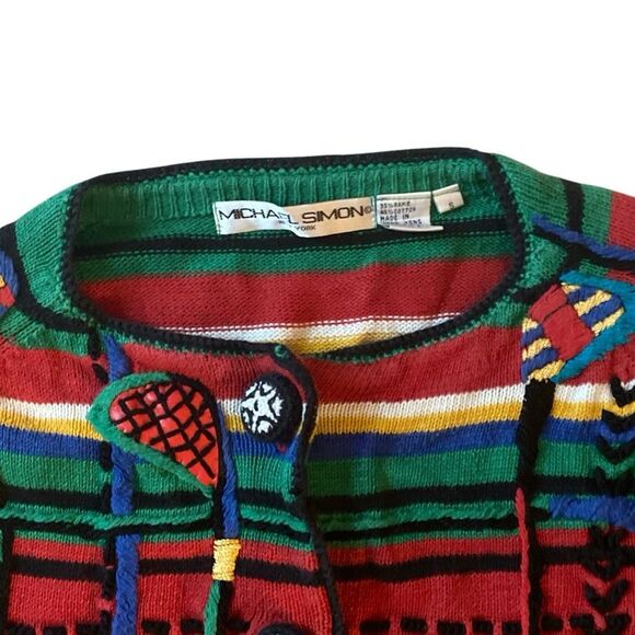 Vintage Michael Simon Embroidered Abstract Holiday Cardigan Sweater S 1994 Y2K - Picture 2 of 6